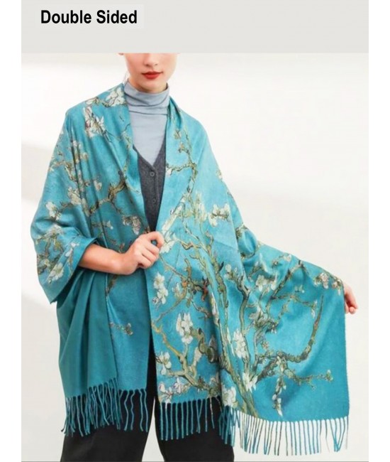 Almond Blossoms & Water Lilies Double-sided Oil Painting Scarf